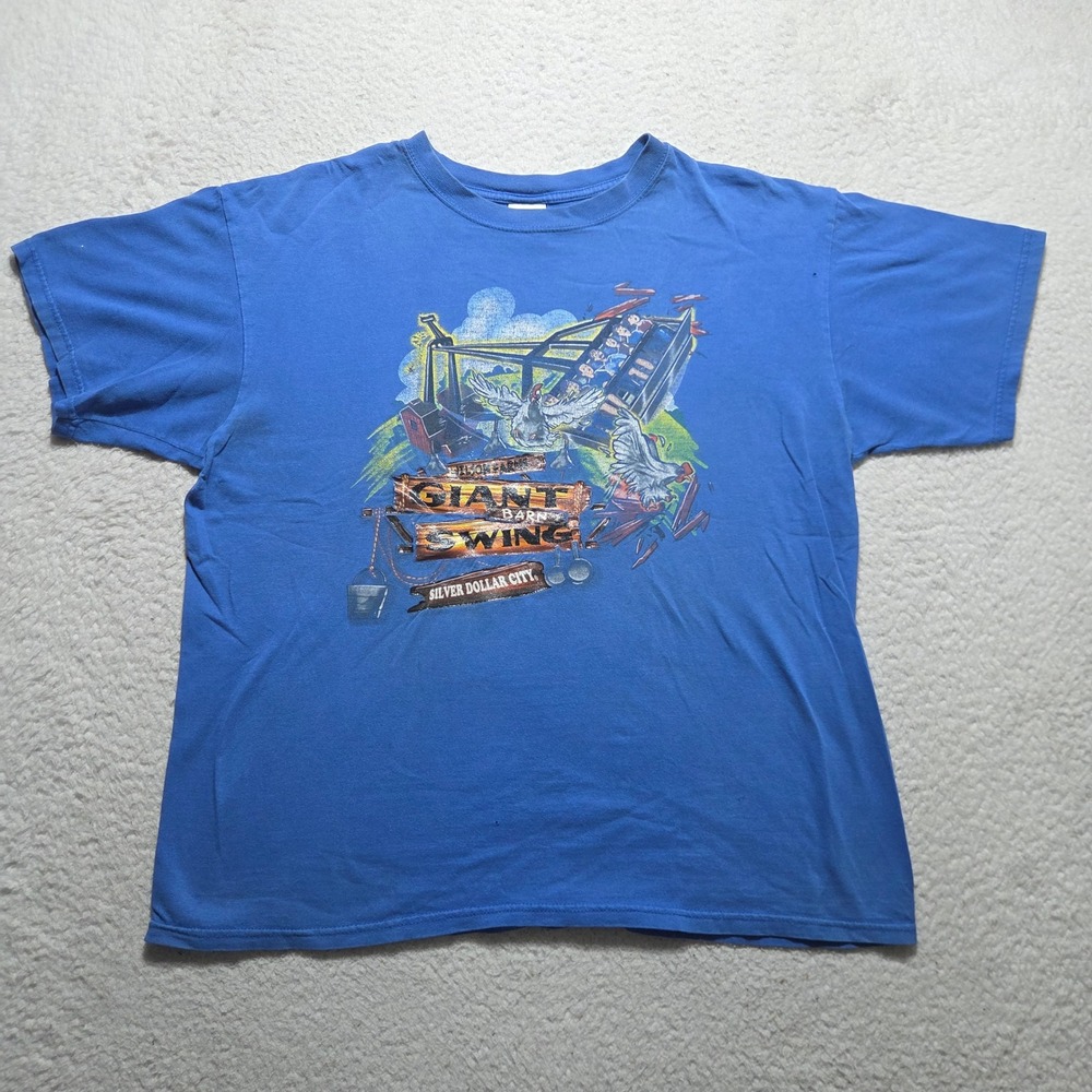 Vintage Anvil Silver Dollar City Giant Barn Swing T Shirt Mens L Blue Graphic